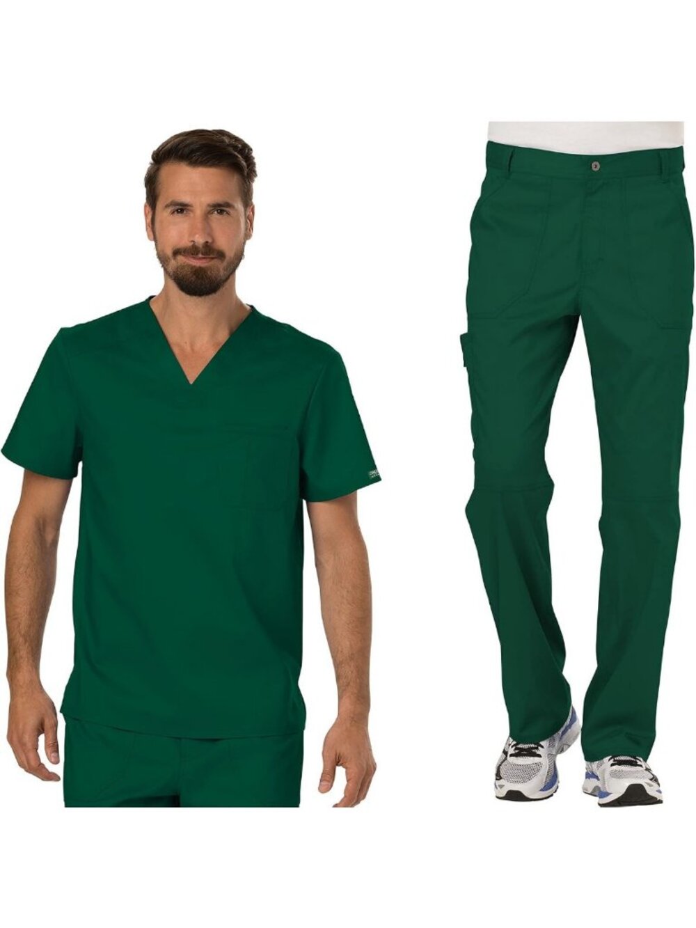 Men's Scrubs Set - Tuckable V-Neck Top & Fly Front Pant, Hunter Green, Size L